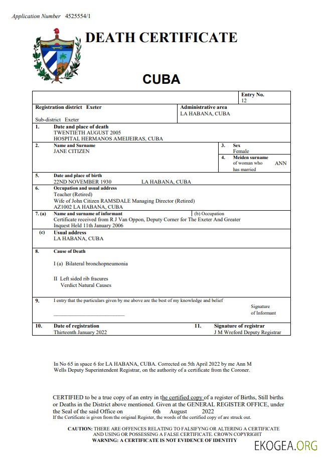 Modèle Word et PDF de certificat de décès à Cuba